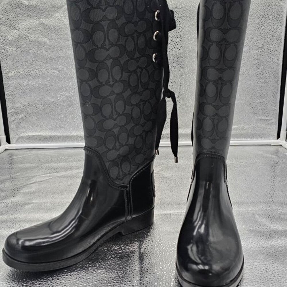 COACH Tristee Waterproof Rain Boots Lace Corset Monogram Logo Tall Black 9 B - Picture 2 of 9